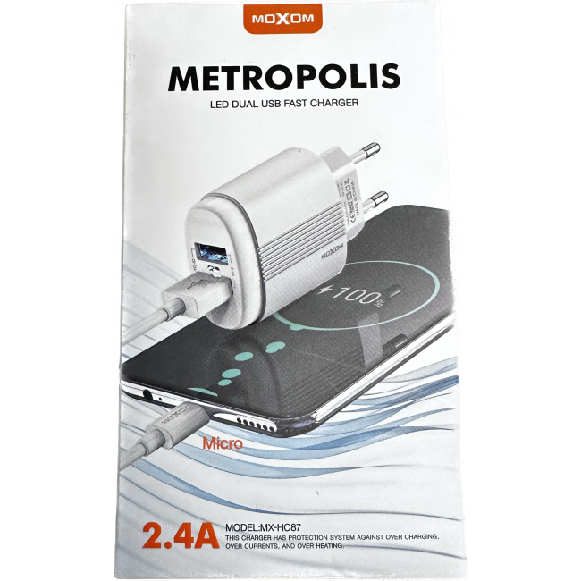 Φορτιστής Moxom Metropolis MX-HC87 με 2 Θύρες USB-A και Καλώδιο micro USB Λευκός