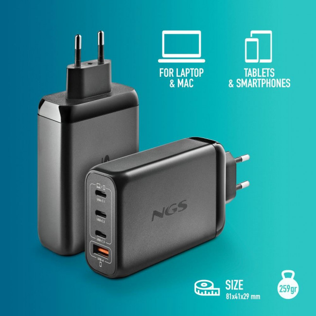 Φορτιστής NGS BUD 140W USB-C + USB-A Φορτιστής Τοίχου | GaN Power Adapter για Laptop/Tablet/Smartphone