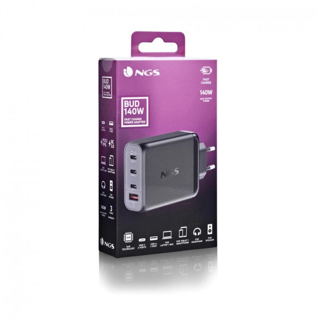 Φορτιστής NGS BUD 140W USB-C + USB-A Φορτιστής Τοίχου | GaN Power Adapter για Laptop/Tablet/Smartphone