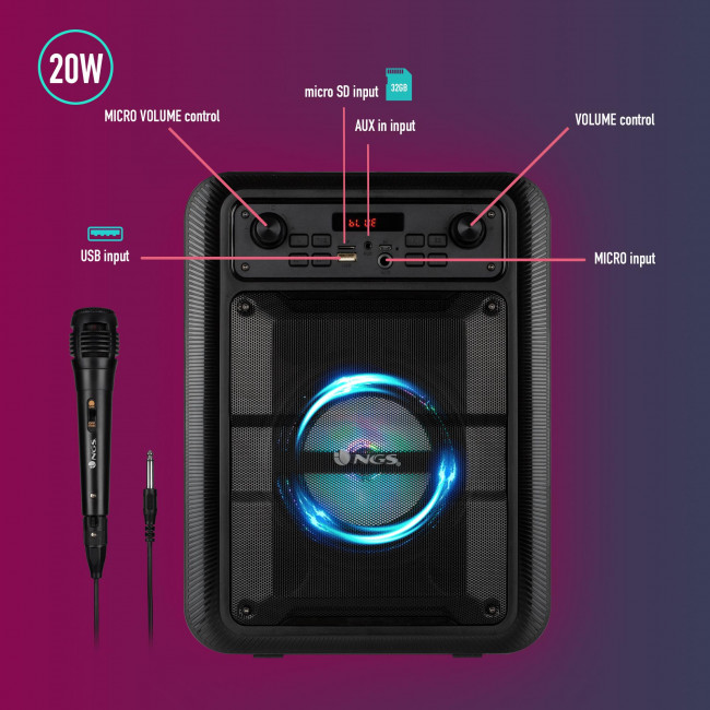 Bluetooth Speaker NGS [ROLLER LINGO] 20W PORTABLE TWS USB/TF/AUX IN -WITH MIC Black