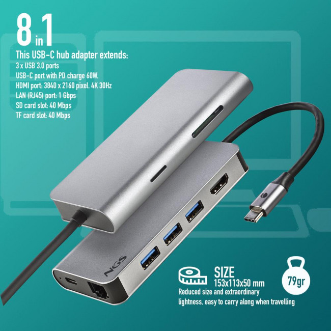 Docking Station NGS Wonderdock 8 Card Reader, HDMI, RJ45, PD, USB 3.0