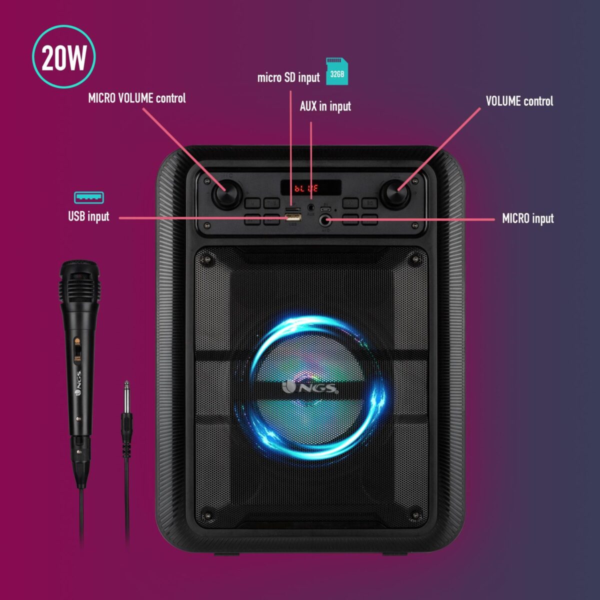 Bluetooth Speaker NGS [ROLLER LINGO] 20W PORTABLE TWS USB/TF/AUX IN -WITH MIC Black - Image 4