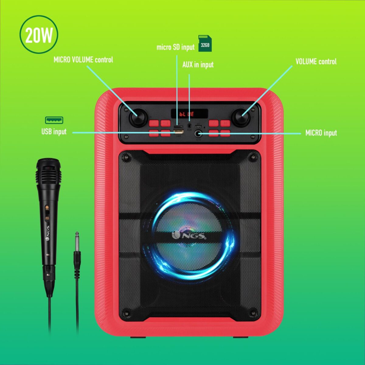 Bluetooth Speaker NGS [ROLLER LINGO] 20W PORTABLE TWS USB/TF/AUX IN -WITH MIC Red - Image 5
